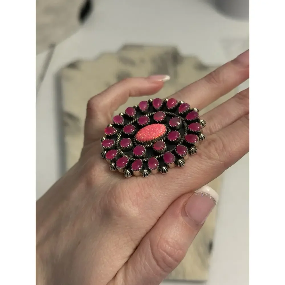 HUGE Sterling Silver Pink Onyx & Pink Fire Opal Flower Cluster Ring 925 Adjust